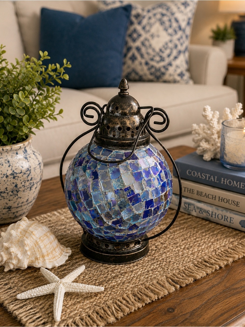 Rustic Blue Mosaic Glass Lantern | Boho Coastal Home Decor Candle Lantern Accent